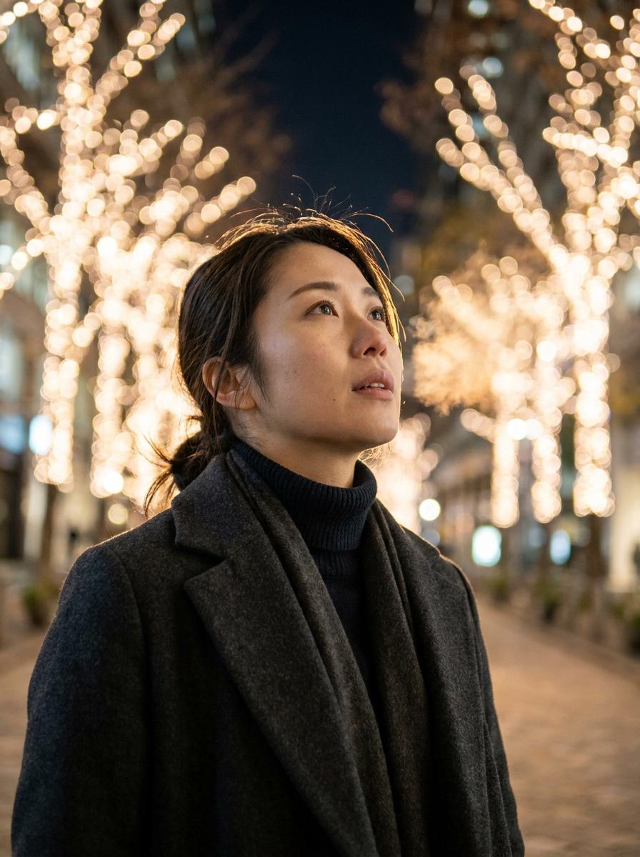 Tokyo Winter Night Portrait Beneath Illumination Lights