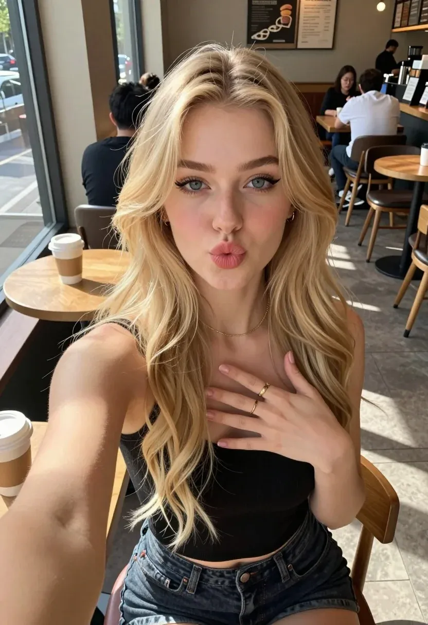 Young Woman With Long Wavy Blonde Hair Takes Selfie Coffee