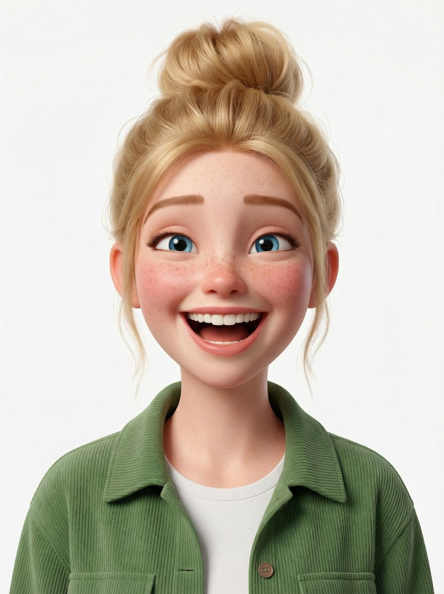 3D Pixar-style avatar of a playful person in a denim jacket, showcasing defiant expression with purple hair streak and sticking tongue.