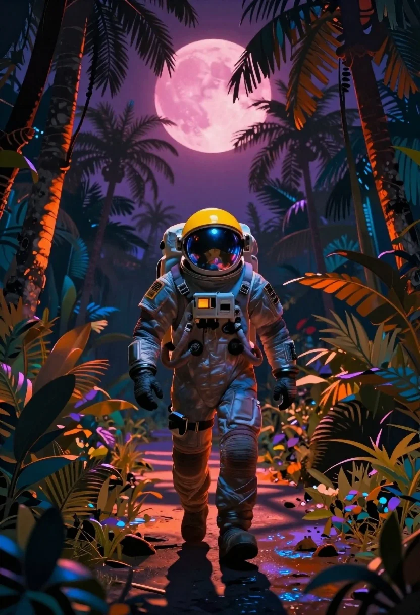 Digital Painting Astronaut Walking Forward Through Surreal Jungle Path Under reference photo