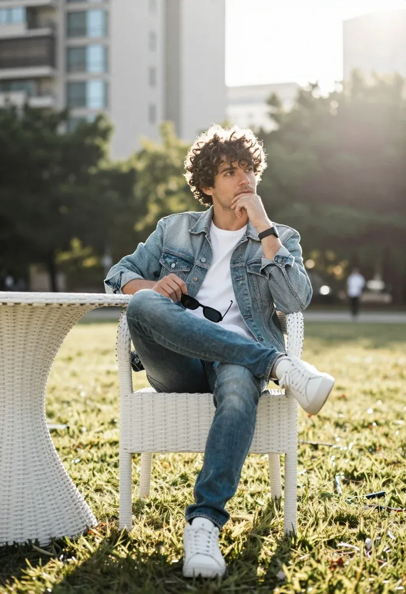 Man Sits Casually White Wicker Chair Outdoors With Blurred City