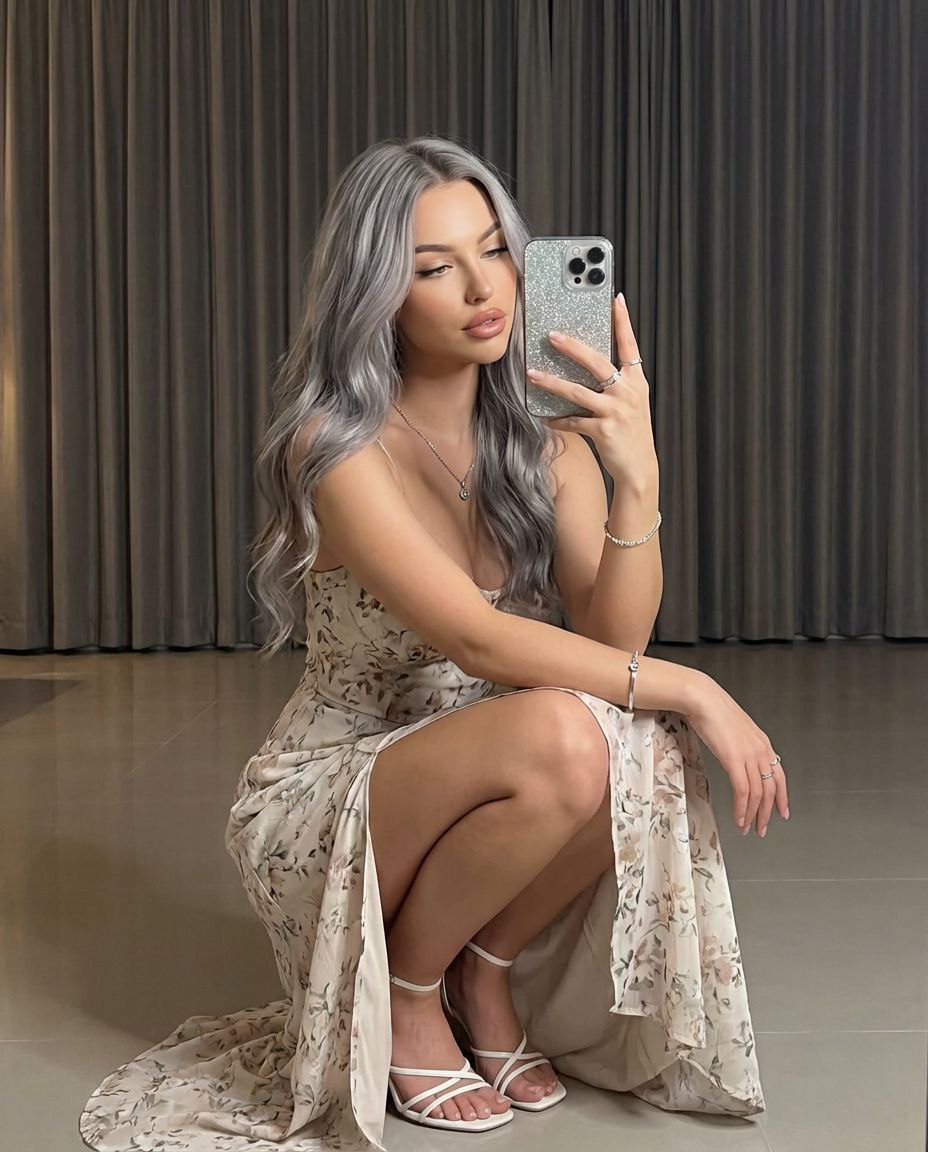 A graceful woman squatting while taking a mirror selfie. She wears a light floral maxi dress, with strappy heels, in a warm-lit indoor setting.