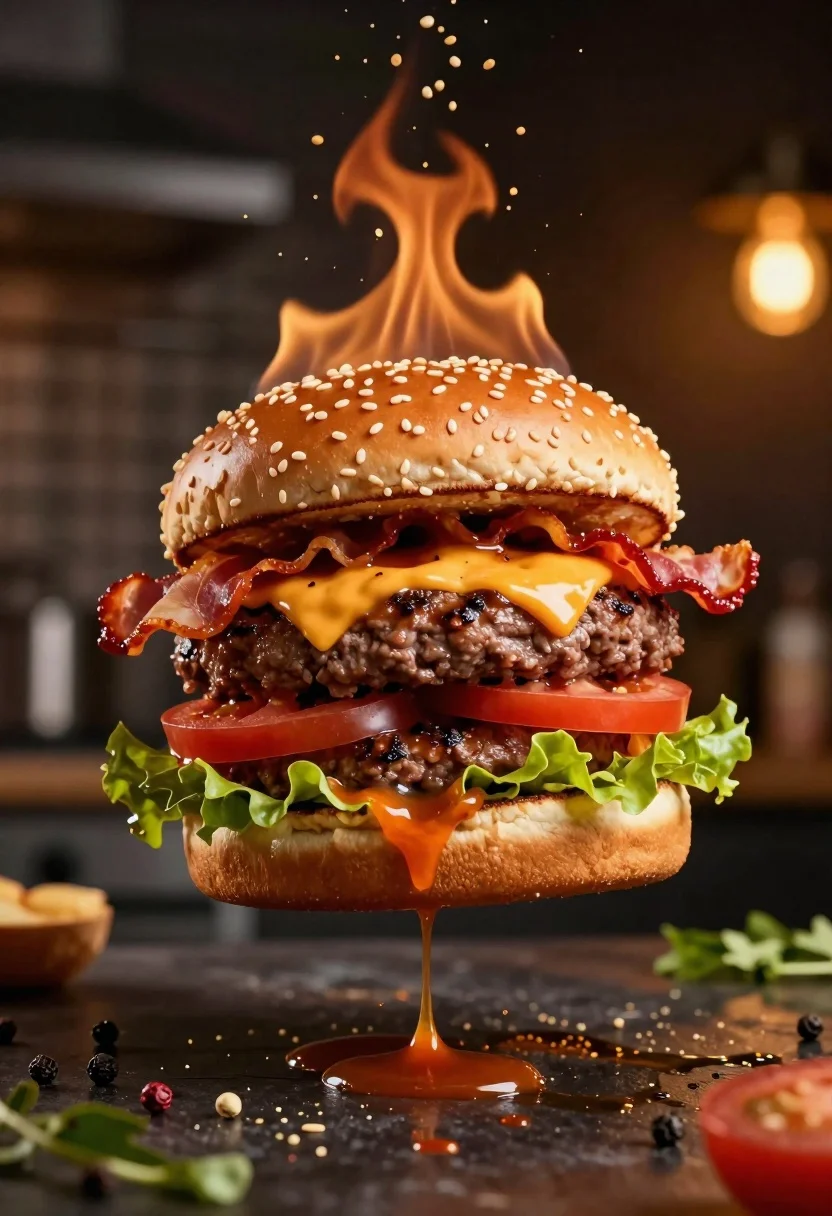 Hyper-realistic Floating Double Cheeseburger With Sesame Seed Buns Subject Stacked reference photo