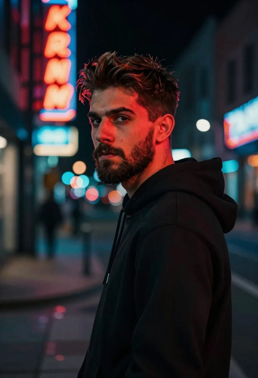 Stylish Man With Short Dark Hair And Beard Stands Profile