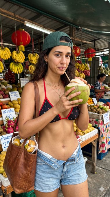 Woman in a black bikini top and denim shorts sipping coconut at a tropical fruit stall with colorful fruits and a sunny backdrop.