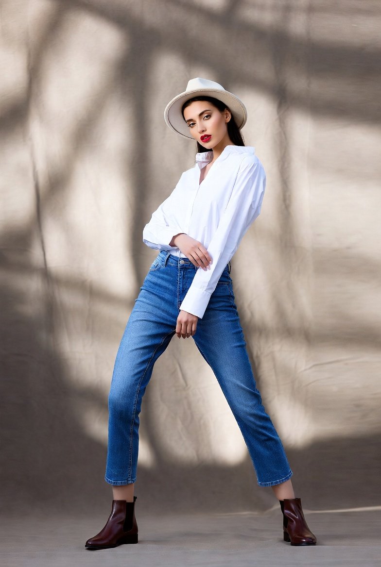Full-body portrait of a confident woman in a crisp white shirt and high-waisted blue jeans, exuding modern fashion vibes in a minimal studio.