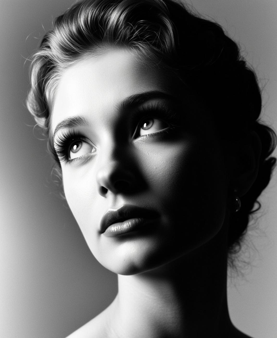 Black And White Medium Shot Portrait Young Woman Looking Upwards