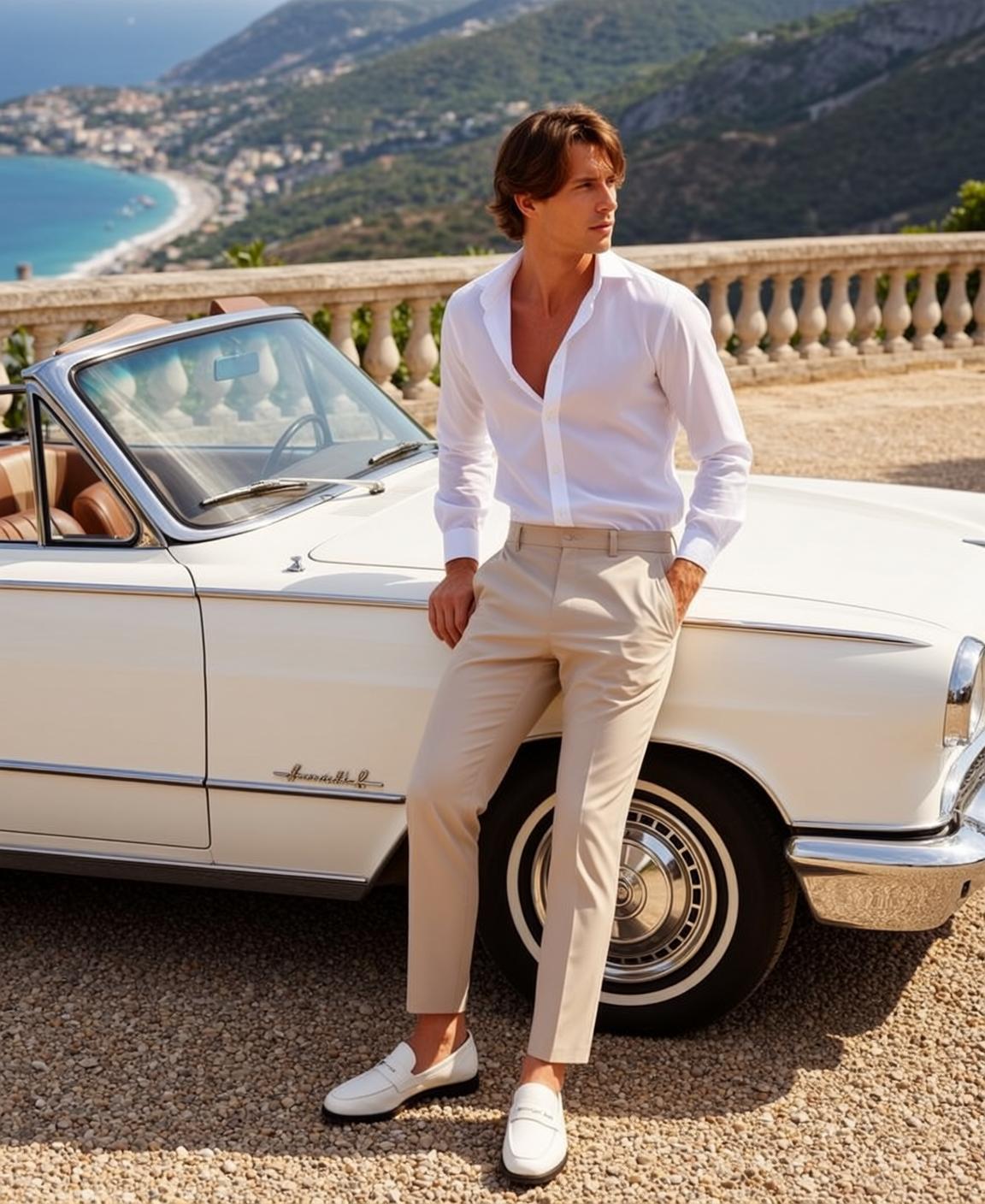 World Stands Leaning Against White Convertible Car