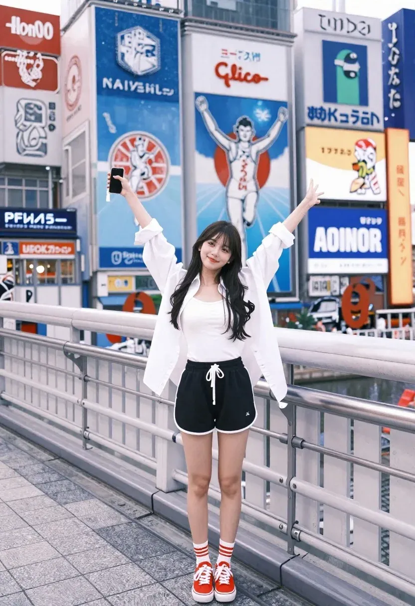 Young Woman Stands Pedestrian Bridge With Her Arms Raised Celebration
