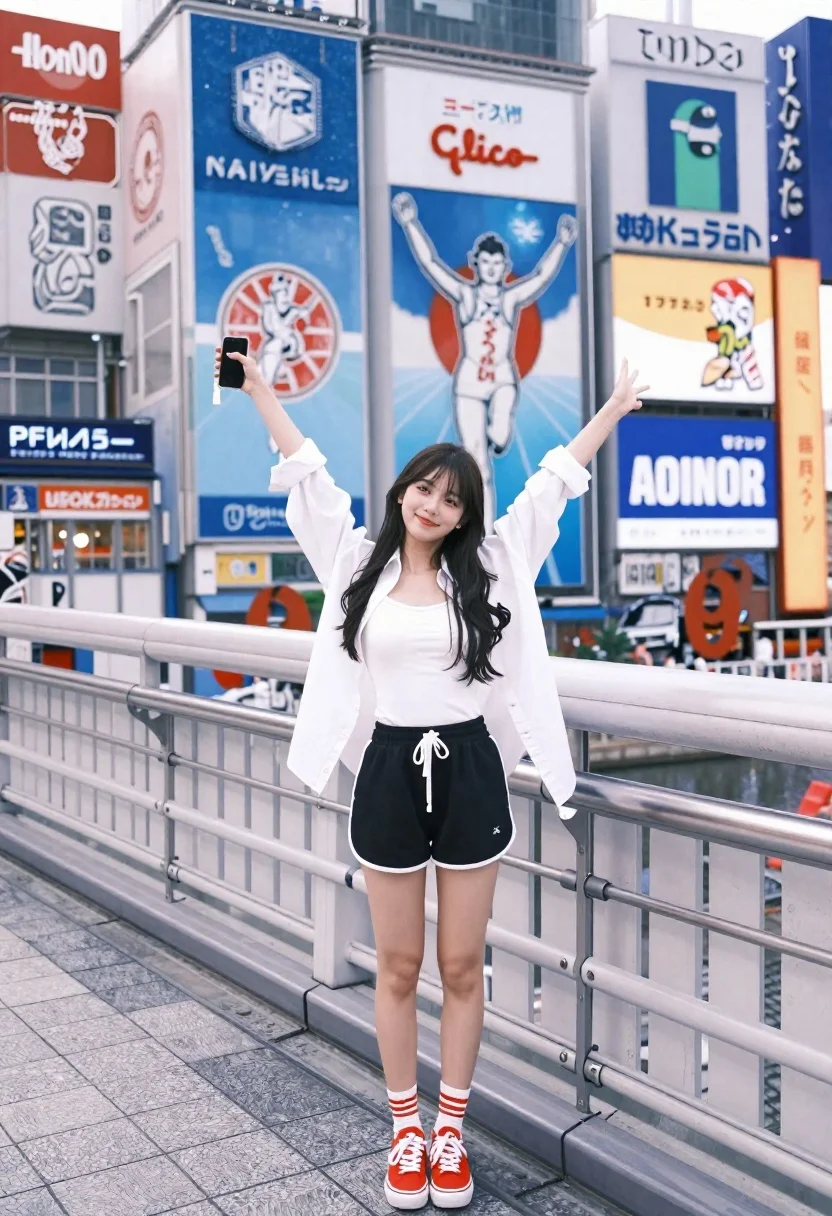 Young Woman Stands Pedestrian Bridge With Her Arms Raised Celebration