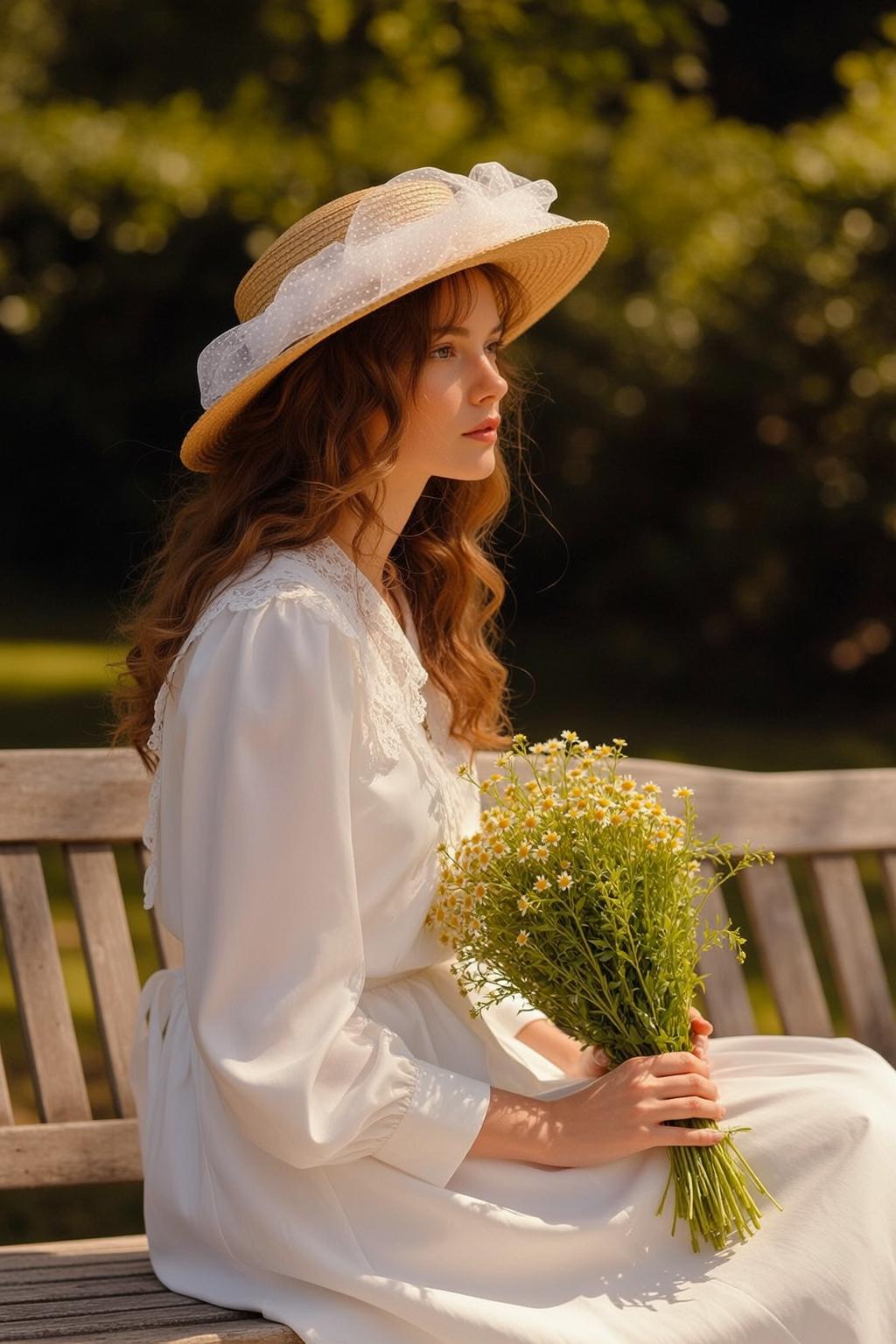 White Dress Bench Bouquet Scene