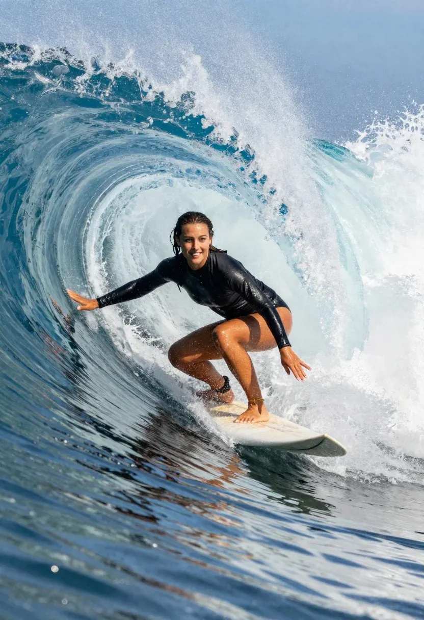 Woman Surfing Inside The Barrel Curling Ocean Wave Subject Young