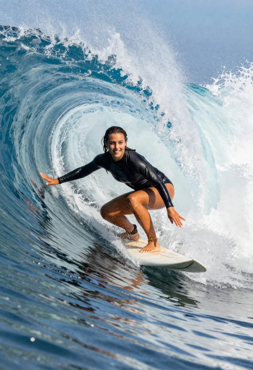 Woman Surfing Inside The Barrel Curling Ocean Wave Subject Young
