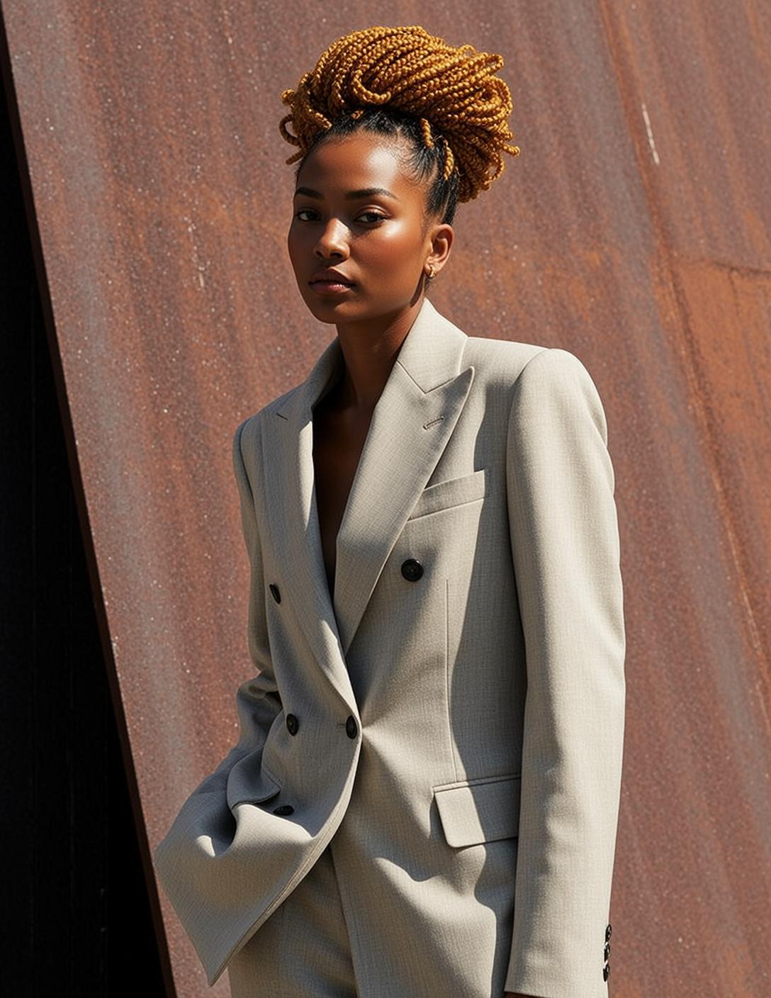 Blonde Braided Hair Dark Skin Woman Grey Suit Outdoors