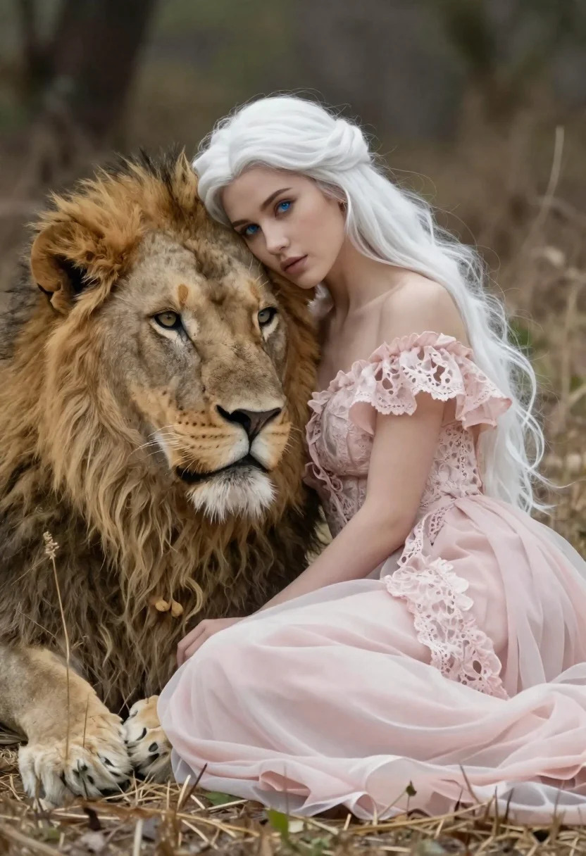 Portrait Woman With Long Flowing White Hair Leaning Affectionately Against reference photo