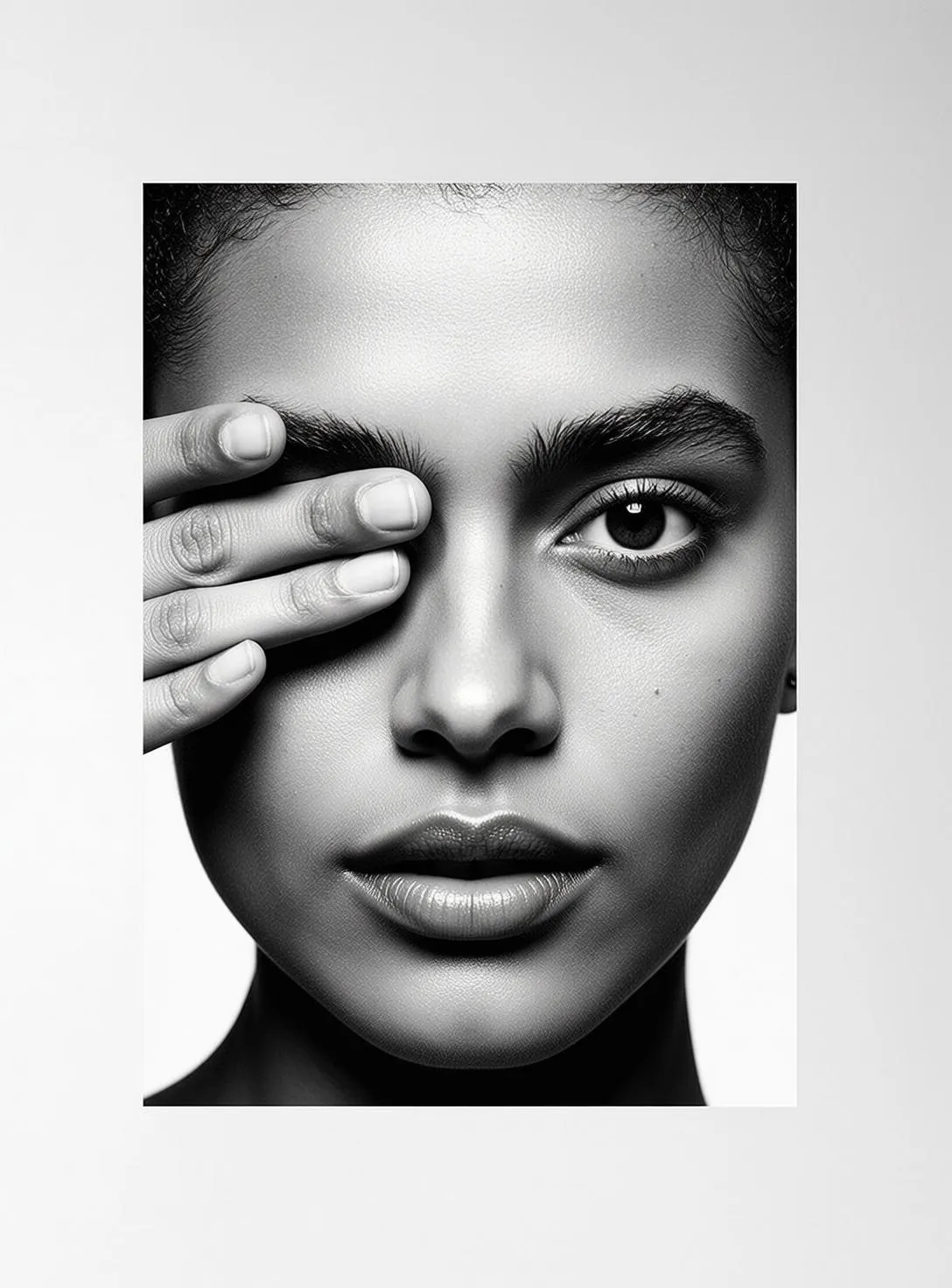 Photorealistic High-contrast Black And White Portrait Young Woman Oriented Vertically