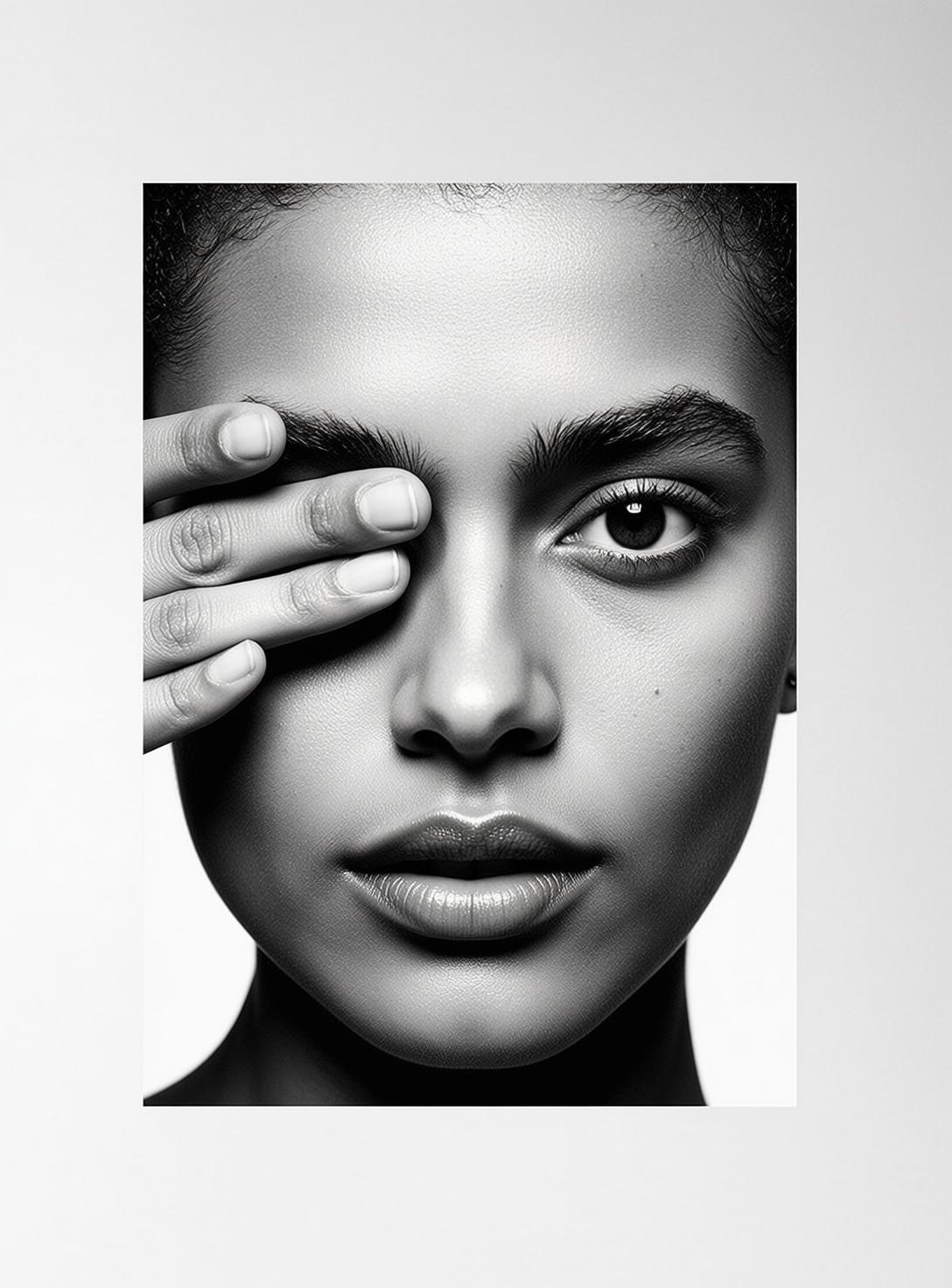 Photorealistic High-contrast Black And White Portrait Young Woman Oriented Vertically