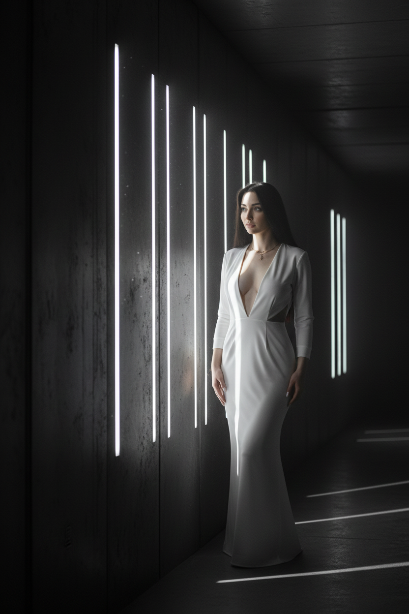A girl in a white dress illuminated by sharp beams of light in a dim corridor with drifting dust.
