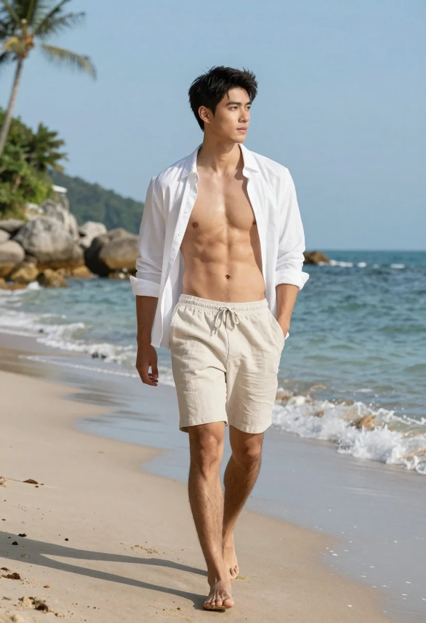 Handsome Young Man Walks Barefoot Along Sandy Beach Near The