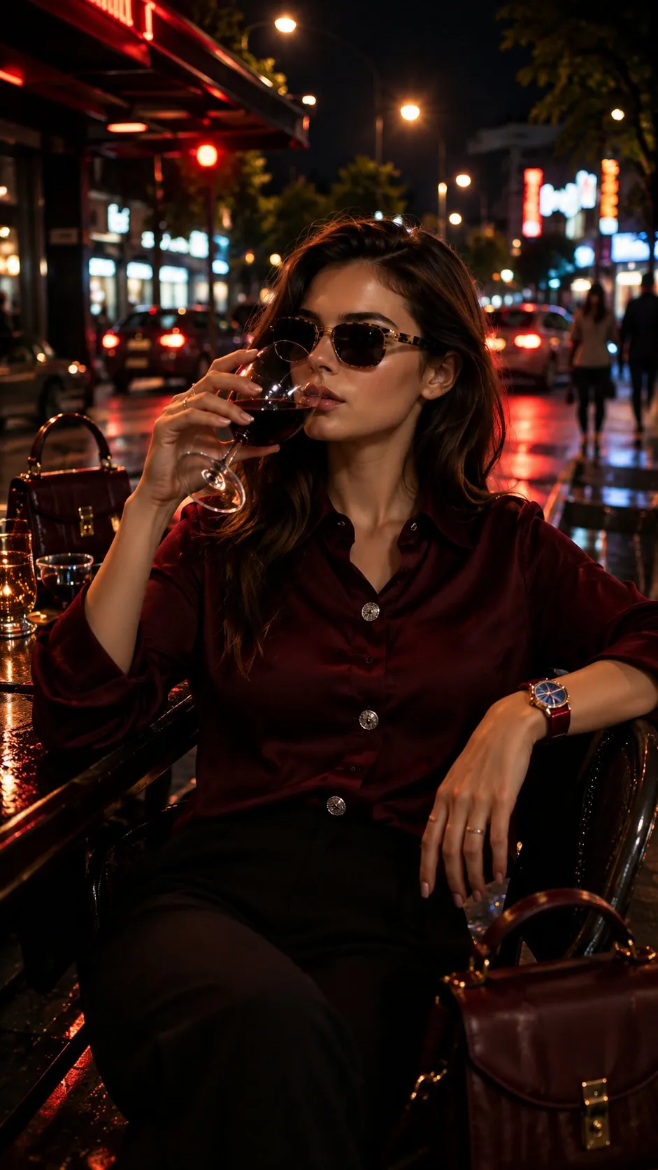 Sipping Wine At Luxury Outdoor Cafe Night