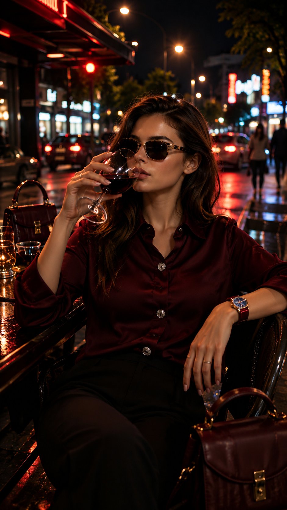 Woman in burgundy satin shirt sipping red wine at a luxury café, surrounded by neon lights and rain-slicked streets.