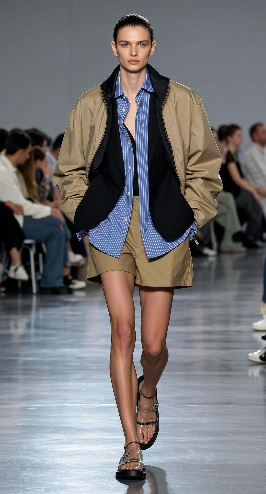 Runway Walk Tan Bomber Jacket Blue Shirt