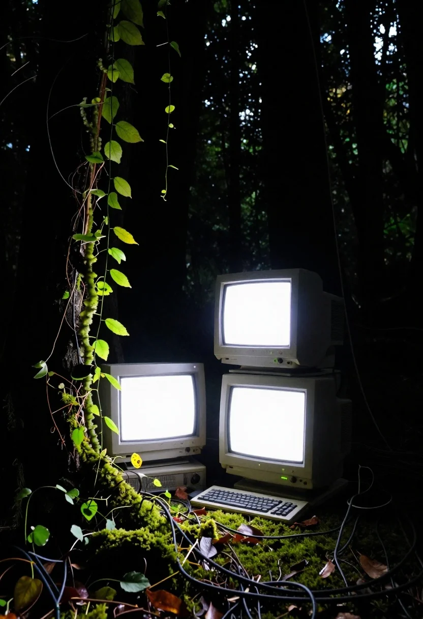 Photorealistic Low-angle Shot Vintage Beige Crt Computer Setup Nestled Dark reference photo