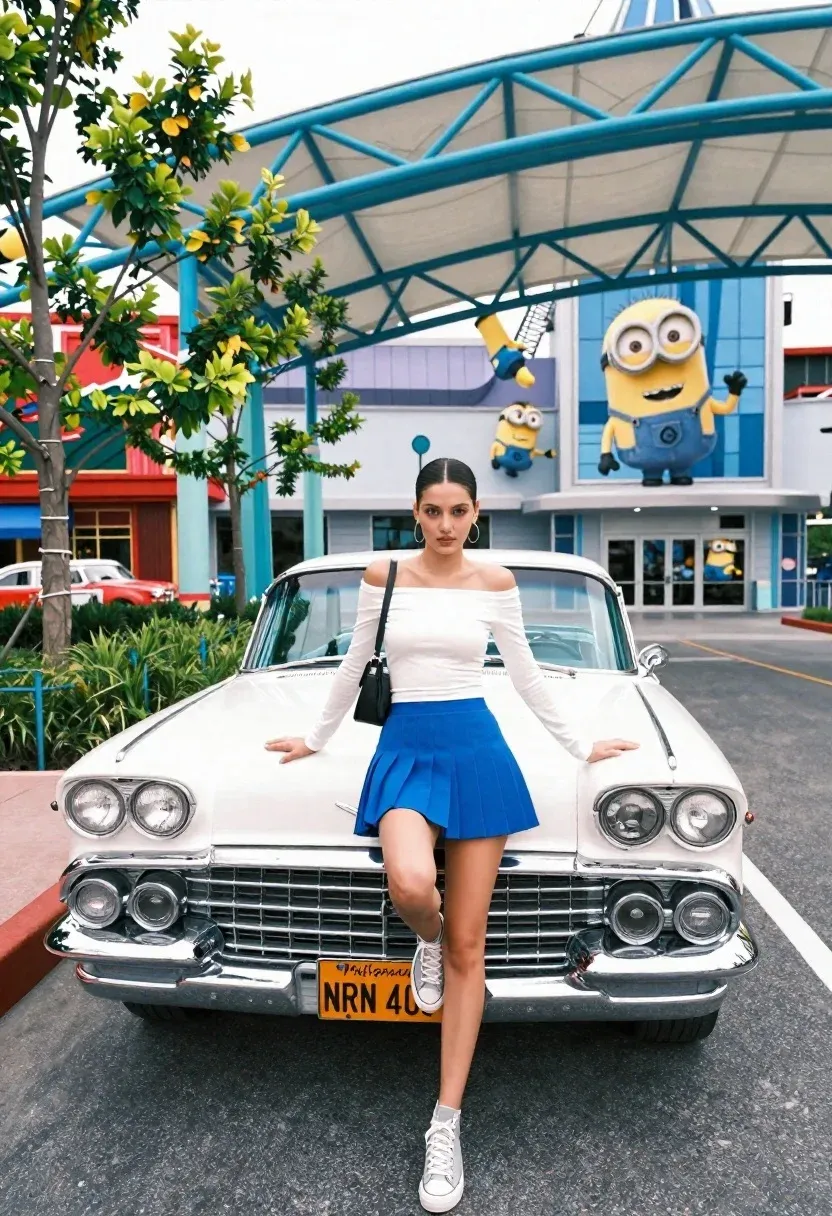Young Woman Poses Confidently The Front Bumper Vintage White Car
