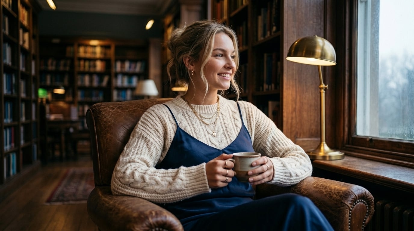 Cozy Library Intellectual Scene Dark Curly Hair Cream Sweater