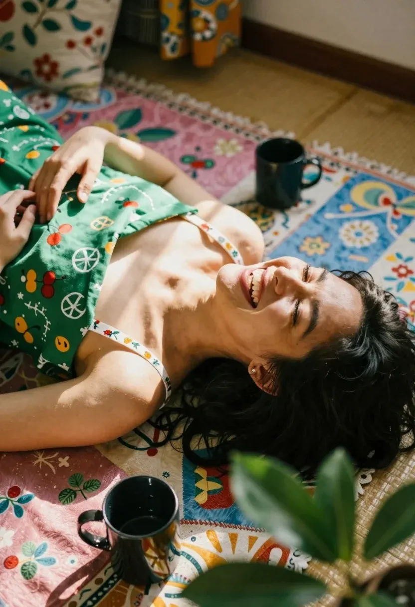 Joyful Woman Lies Her Back Sun-drenched Room Laughing With Eyes