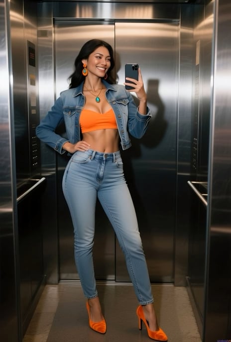 Denim Jacket Orange Top Selfie In Brushed Metal Elevator