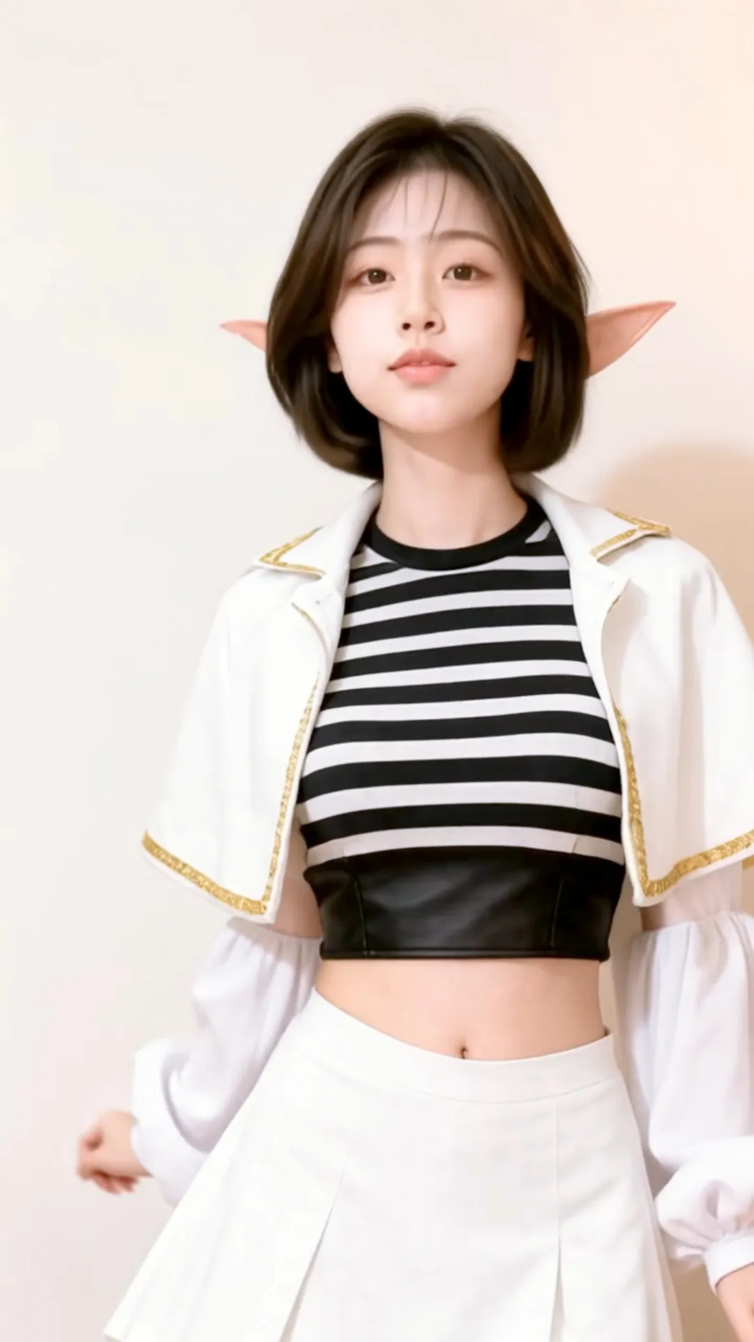 Elf Ears White Jacket Striped Crop Top