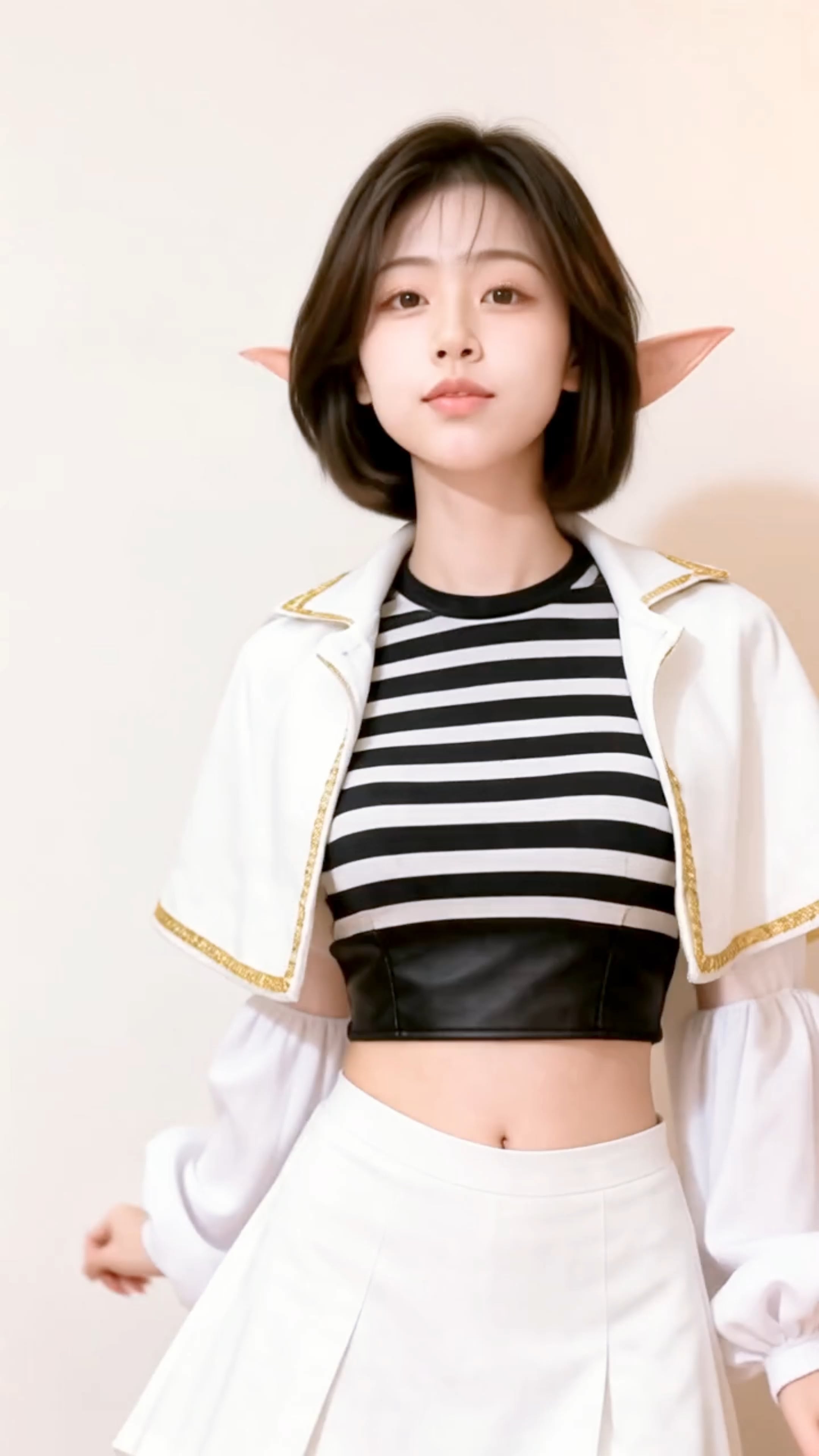 Elf Ears White Jacket Striped Crop Top