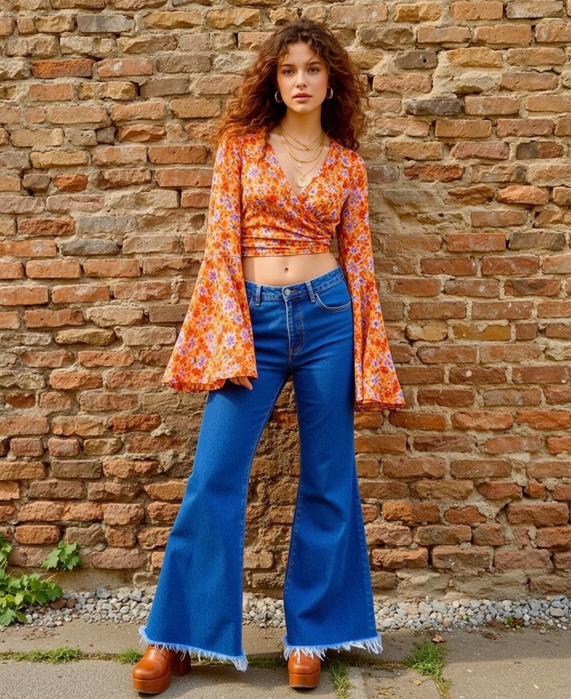 Orange Floral Crop Top Blue Denim Flares Brick Wall Vintage