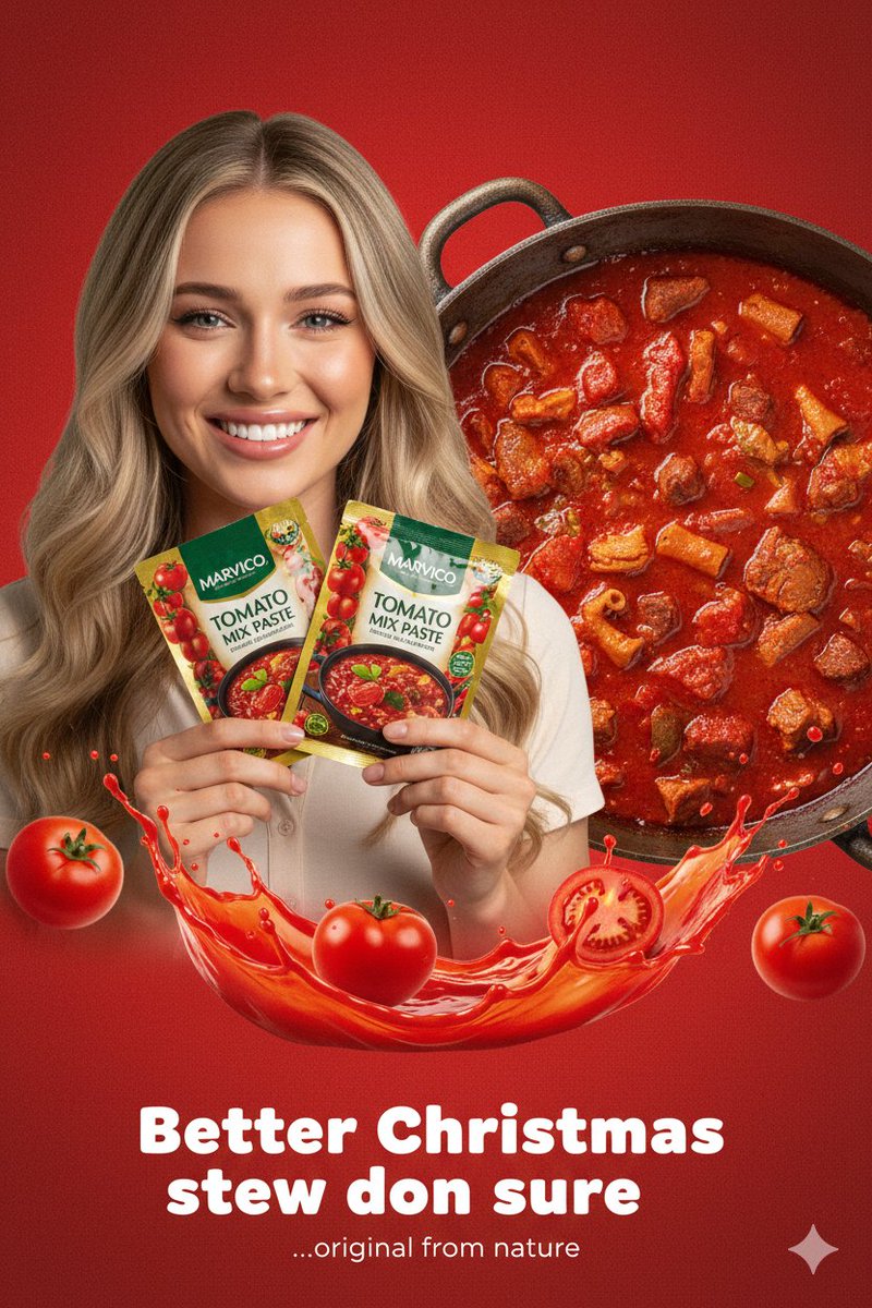 A cheerful blonde woman in a bright outfit holding foil sachets of Marvico Tomato Mix Paste next to rich, bubbling Nigerian-style tomato stew.