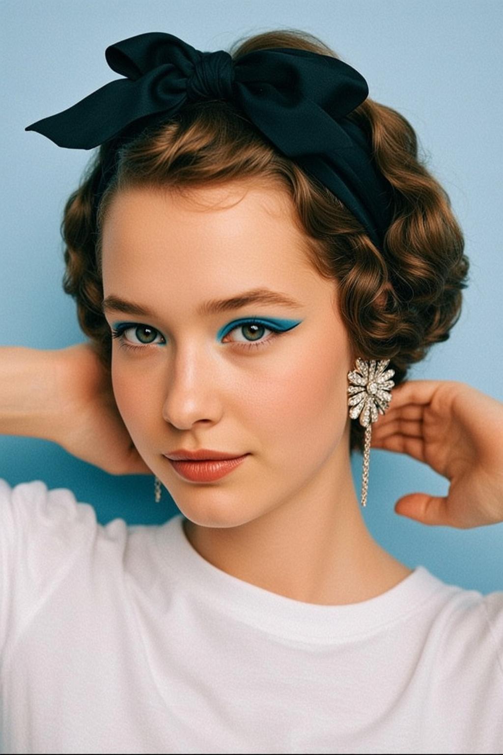 Young Woman Flower Earrings Blue Background Confident Smile