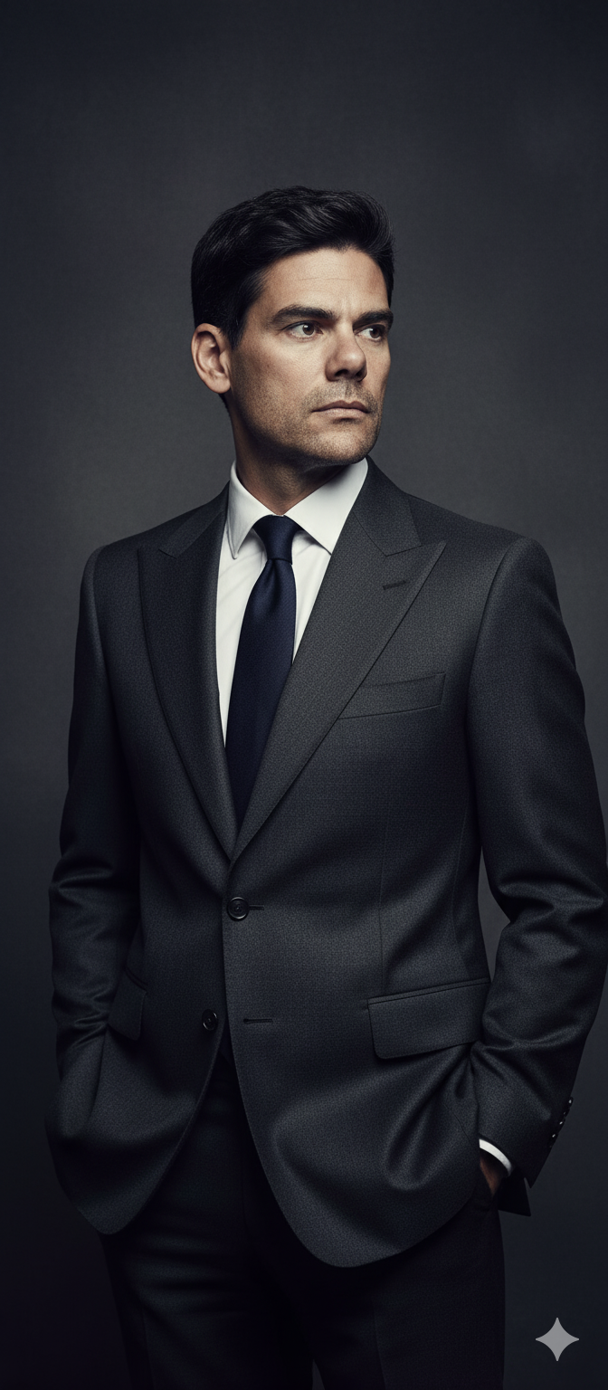 A dramatic fashion portrait of a male model in a dark suit, posed elegantly with soft Rembrandt lighting against a neutral grey backdrop.