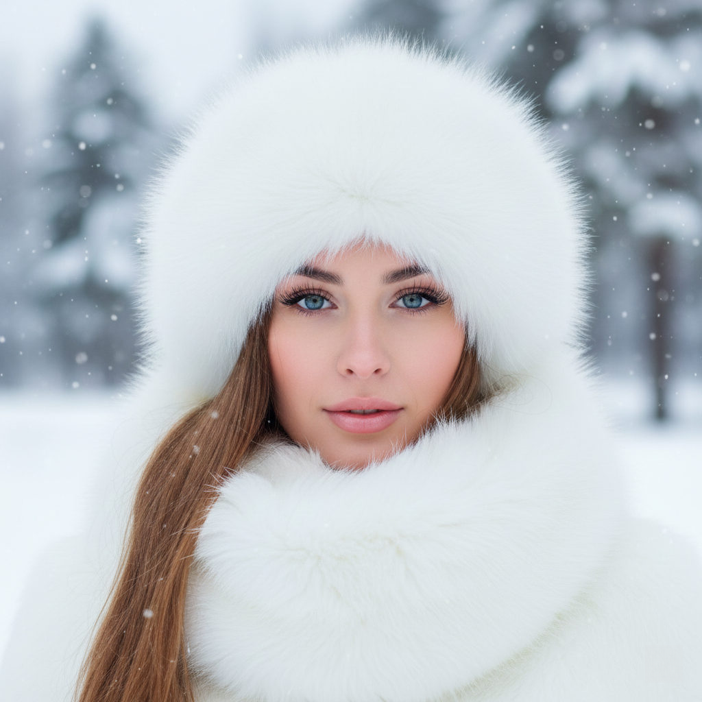 A woman in a luxurious fur hat and scarf, bright blue eyes looking at the camera, surrounded by a winter landscape.