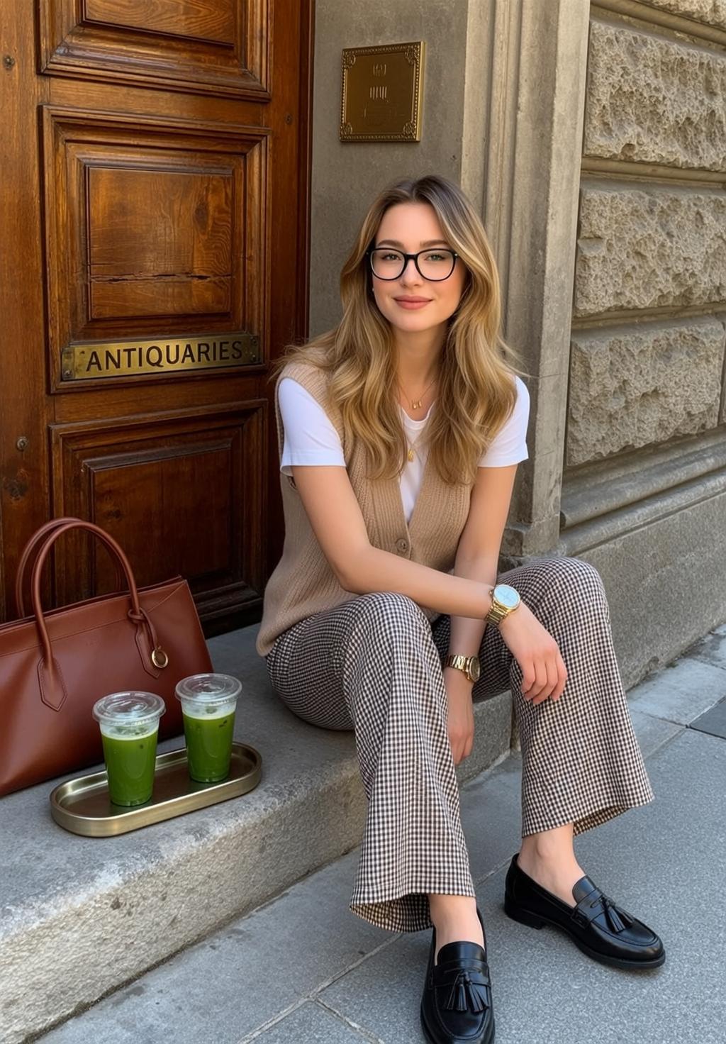 Knitted Vest Checkered Pants Portrait