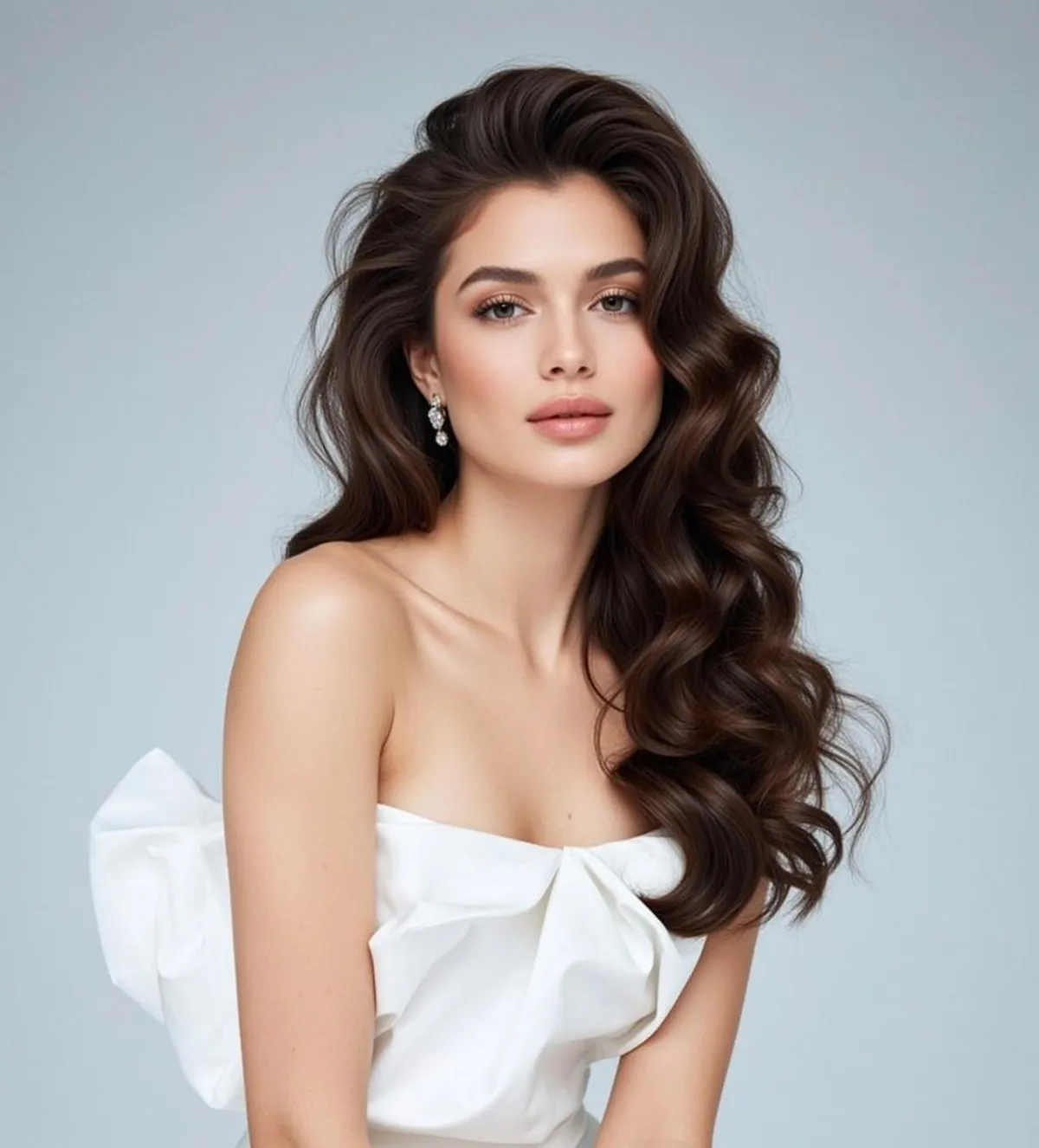 Young Woman White Bow Top Diamond Earrings Studio