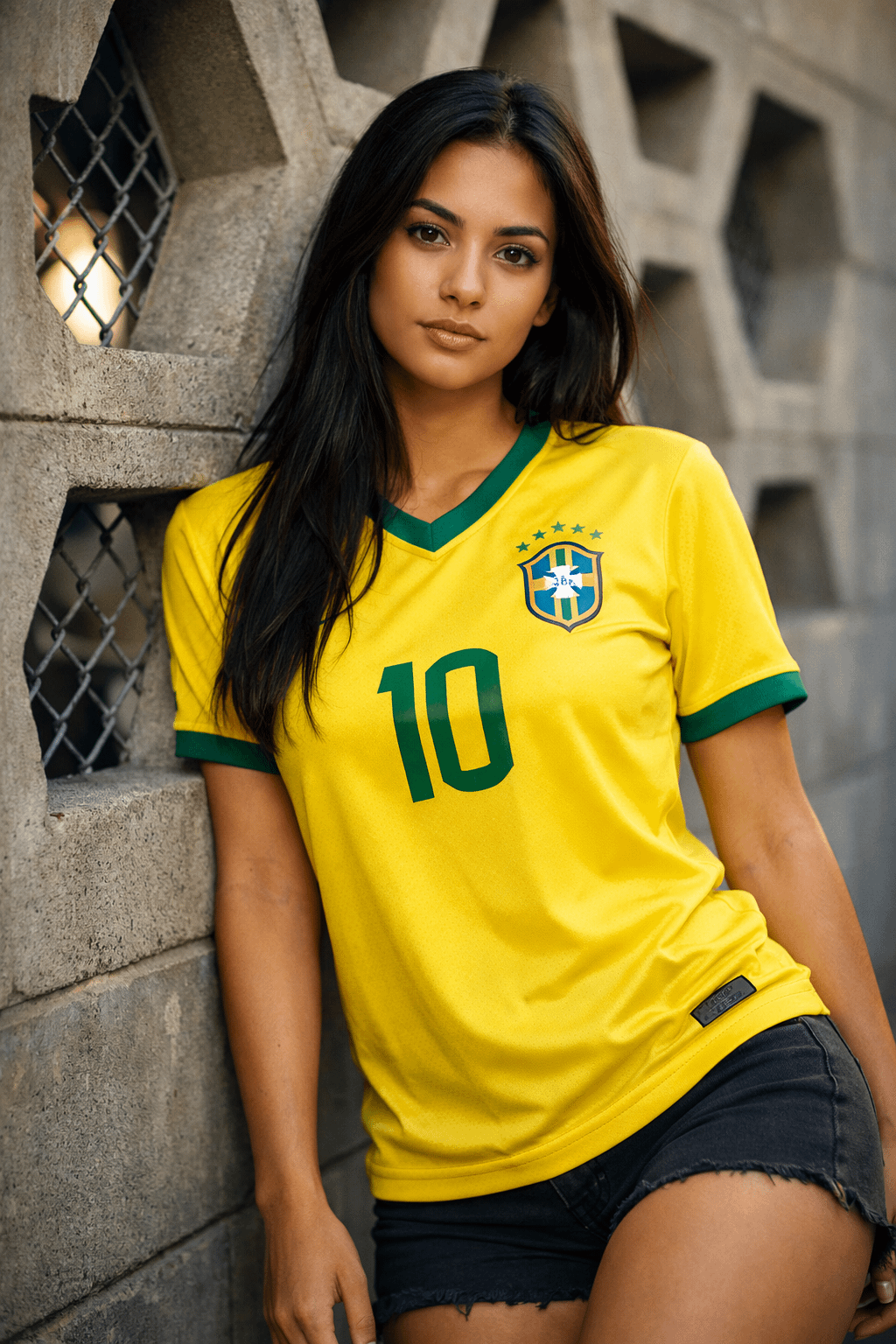 Football Jersey And Denim Shorts Against Concrete Wall
