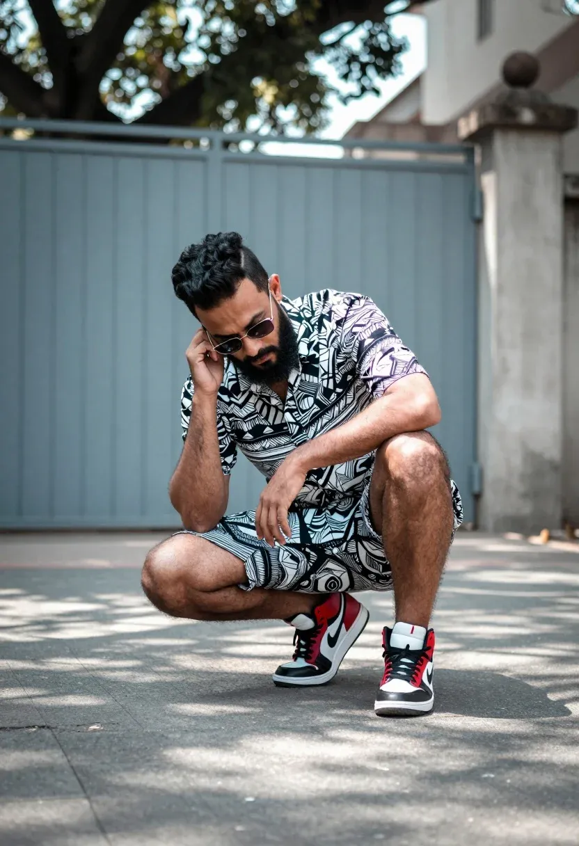 Man Crouching Low Paved Street With One Hand Supporting His
