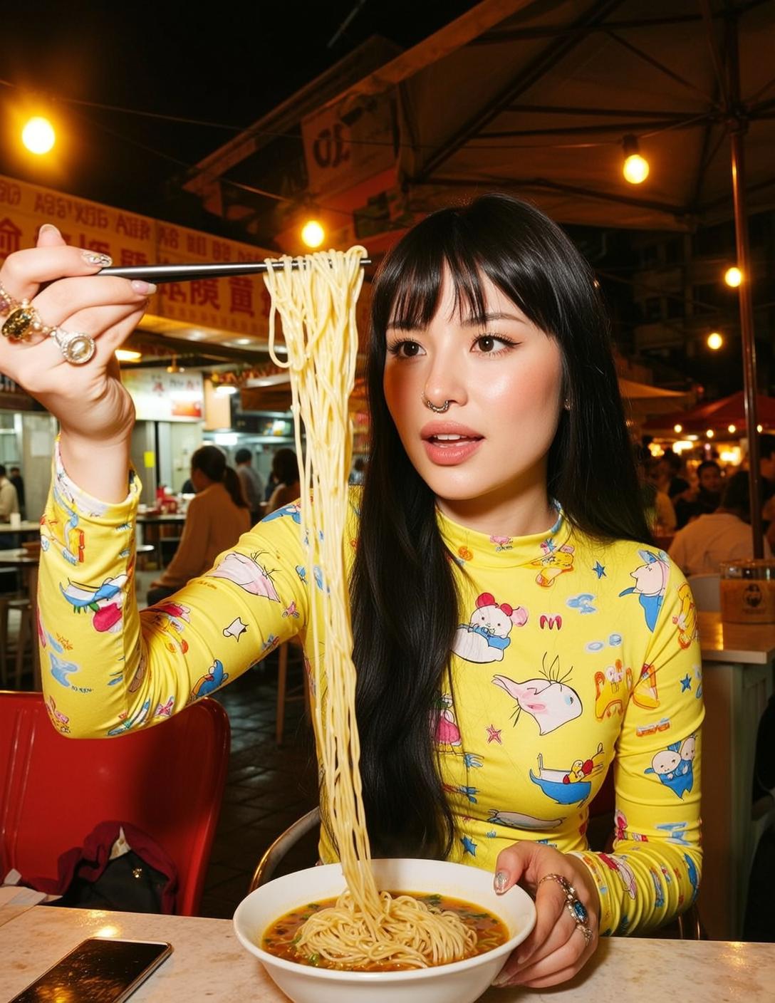 Explore Seated Table Holding Chopsticks Strand Noodles