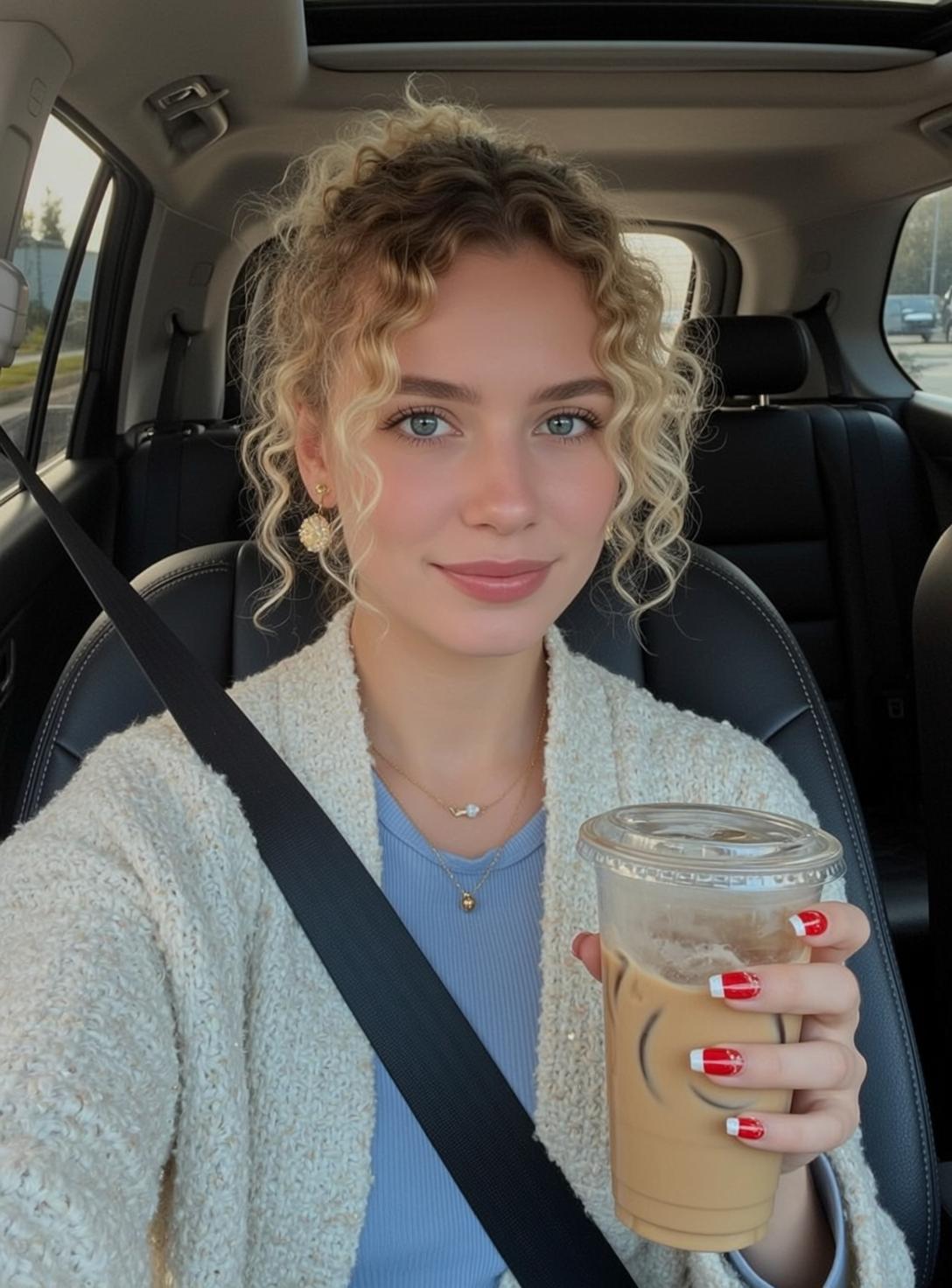 Woman In Car Iced Coffee Gentle Smile