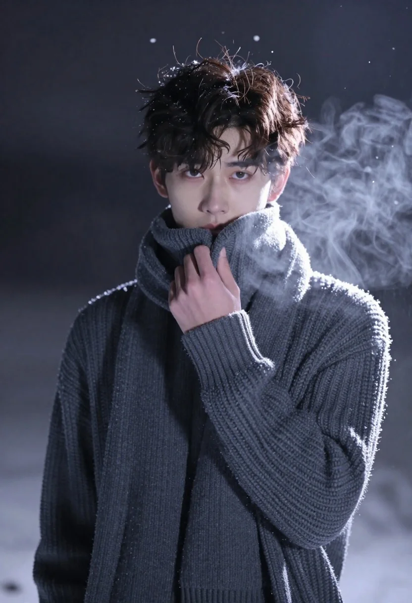 Young Man With Wavy Brown Hair Stands Snowy Environment His