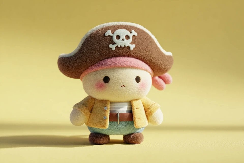 A cute full-body plush toy in soft pastel colors, featuring rounded cartoon proportions and minimalist details on a light yellow background.