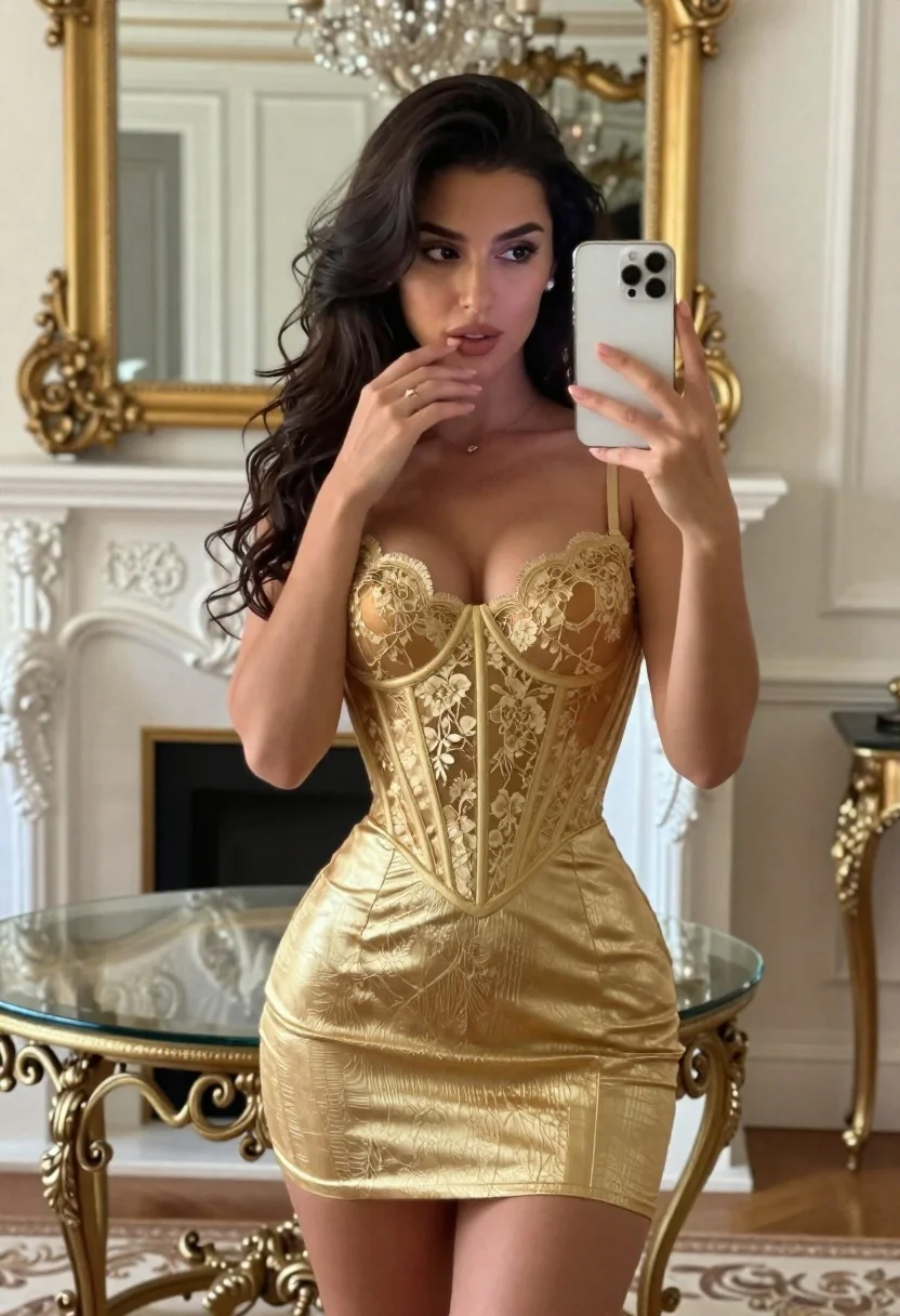 Woman Takes Mirror Selfie Opulent Room Holding White Smartphone With reference photo