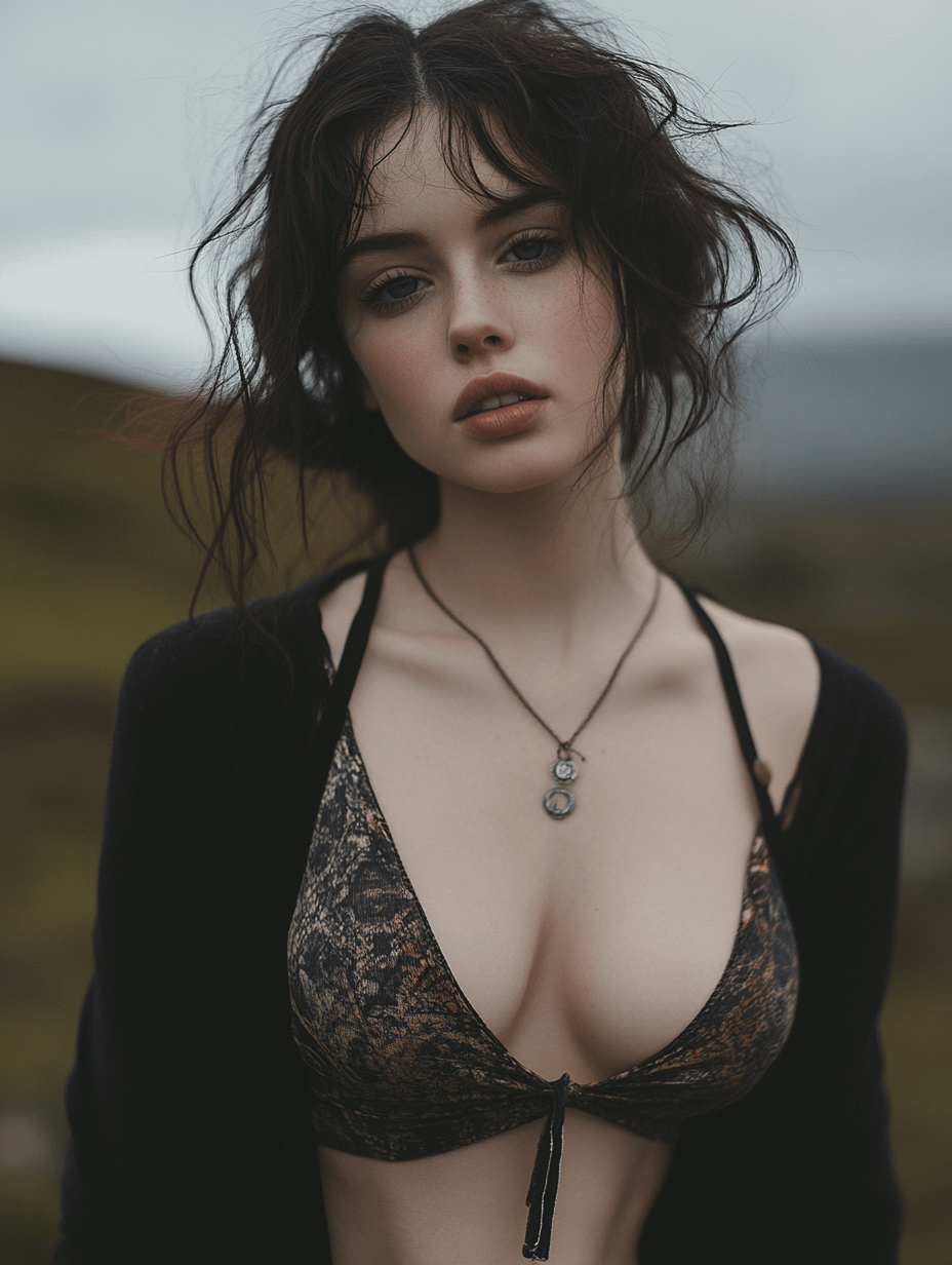 A medium close-up portrait of a person in a patterned bralette and dark cardigan, set against a blurred green moorland background under a grey sky.