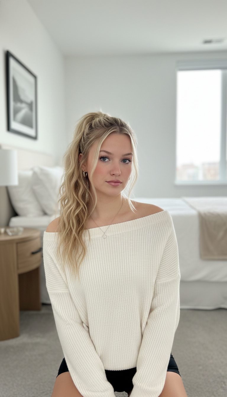A woman with long wavy hair in a cream knit sweater, sitting in a modern bedroom with natural light and soft shadows.