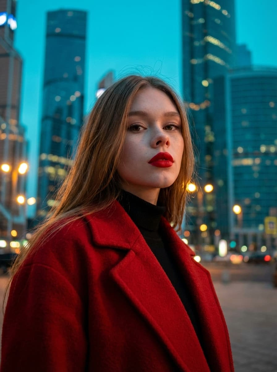 Cinematic fashion portrait of a woman in a red overcoat and turtleneck, glowing with teal and orange lighting at dusk.